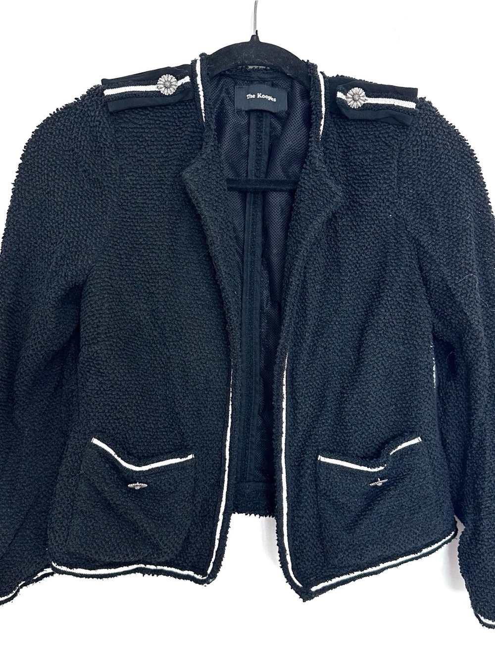 The Kooples Textured Cotton Knit Blazer Jacket, Black w/ Flower Buttons, Size 36